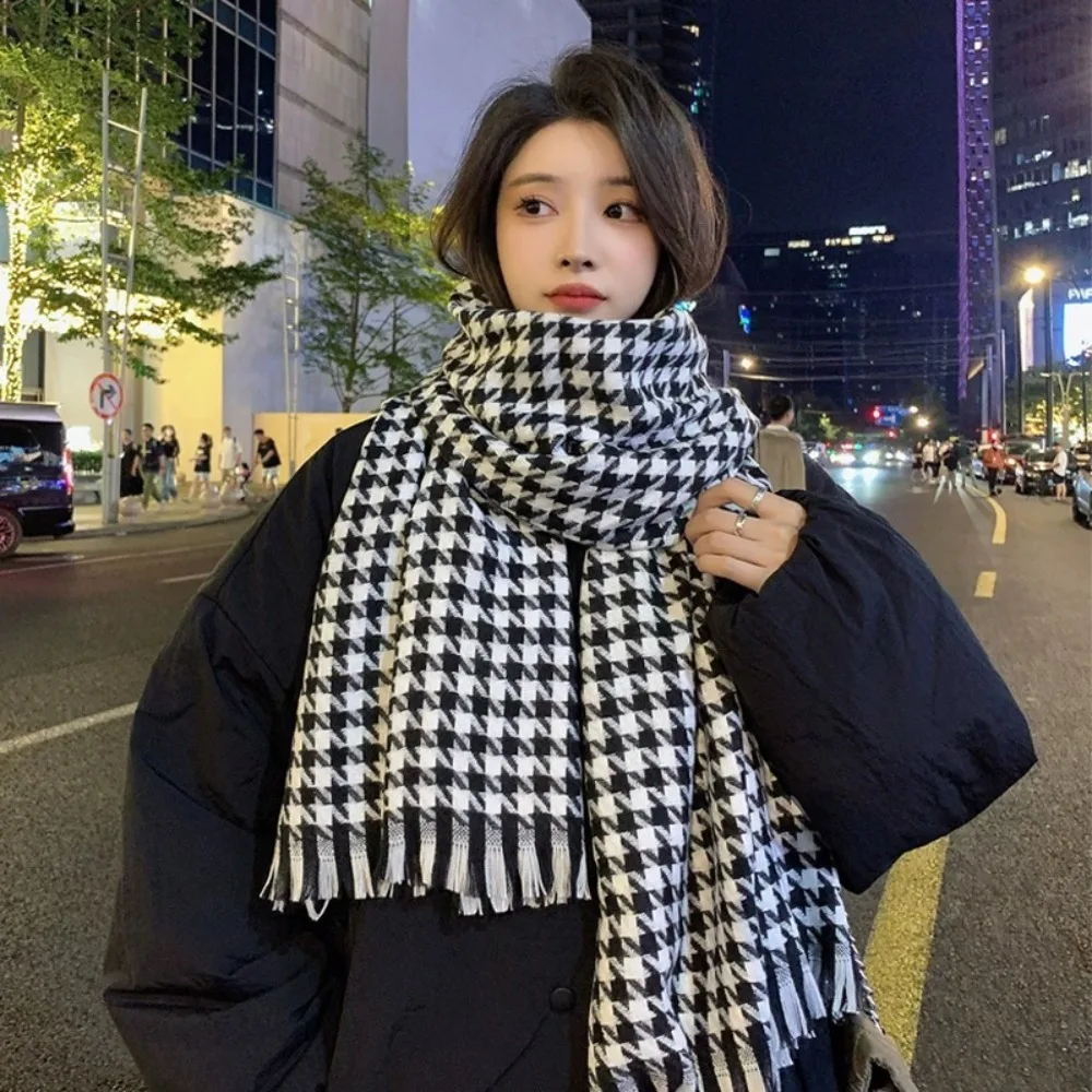 Elegant Korean Style Plaid Shawl Wrap Houndstooth Soft Cashmere Scarf Sweet Thicken Wool Tassel Scarves Woman