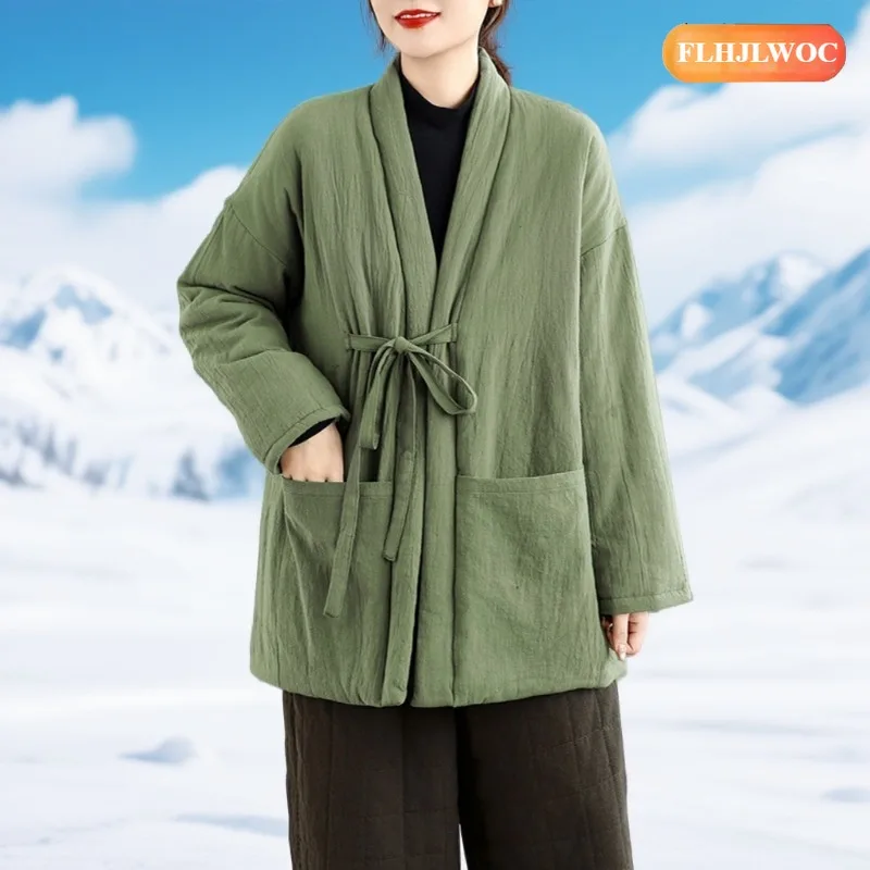 Loose Wrap Up Lace-Up Tie Outerwear Coats Hot Winter Japan Style Office Lady Long Down Jacket Women Green Retro Vintage Parkas