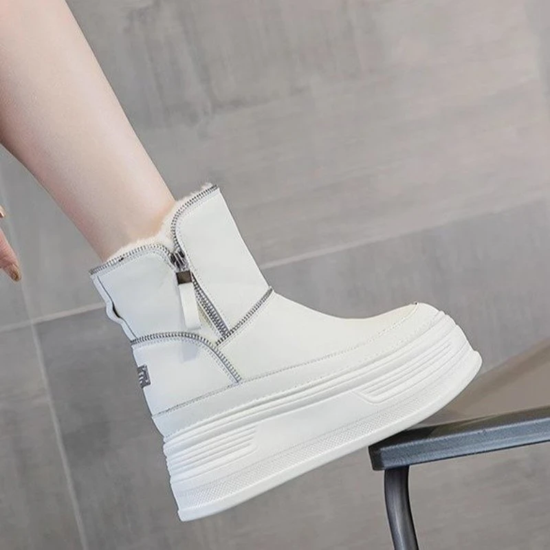 2024 New Winter Frosted Cowhide Snow Boots Flat Platform Elevated Shoes Women Boots Non-slip Casual Warm Cotton Boots