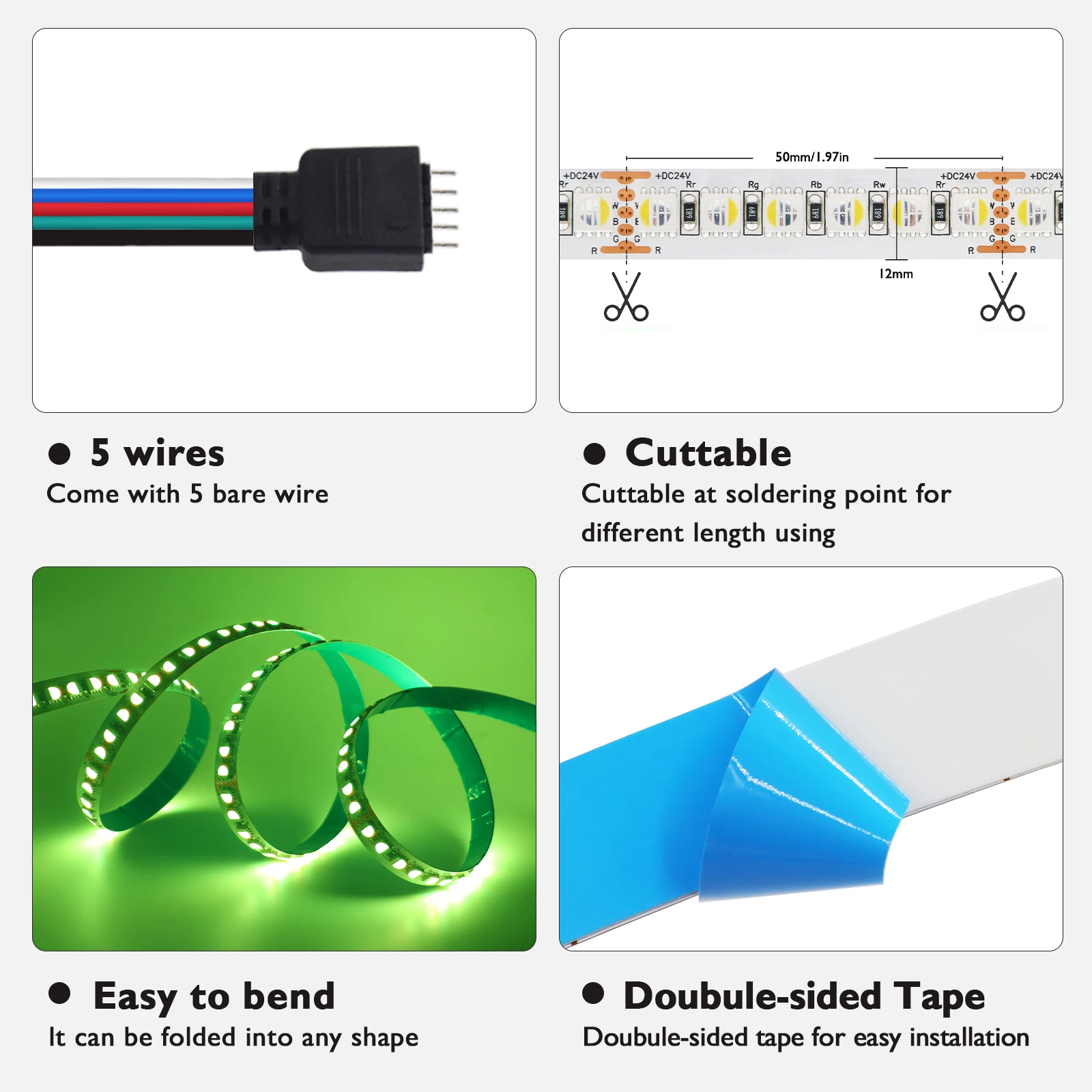 12V 24V 5M LED Strip Light RGBW RGBWW 4 Colors In 1 Chip Flexible LED Tape SMD 5050 108 120Leds/m Ribbon Rope Light Home Decor