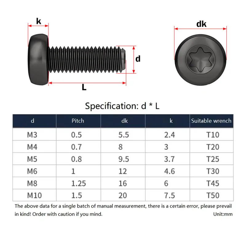 Black 304 Stainless Steel Six-Lobe Torx Pan Round Head Screws No Pin/with Pin Tamper Proof Security Bolt M3 M4 M5 M6 M8 M10