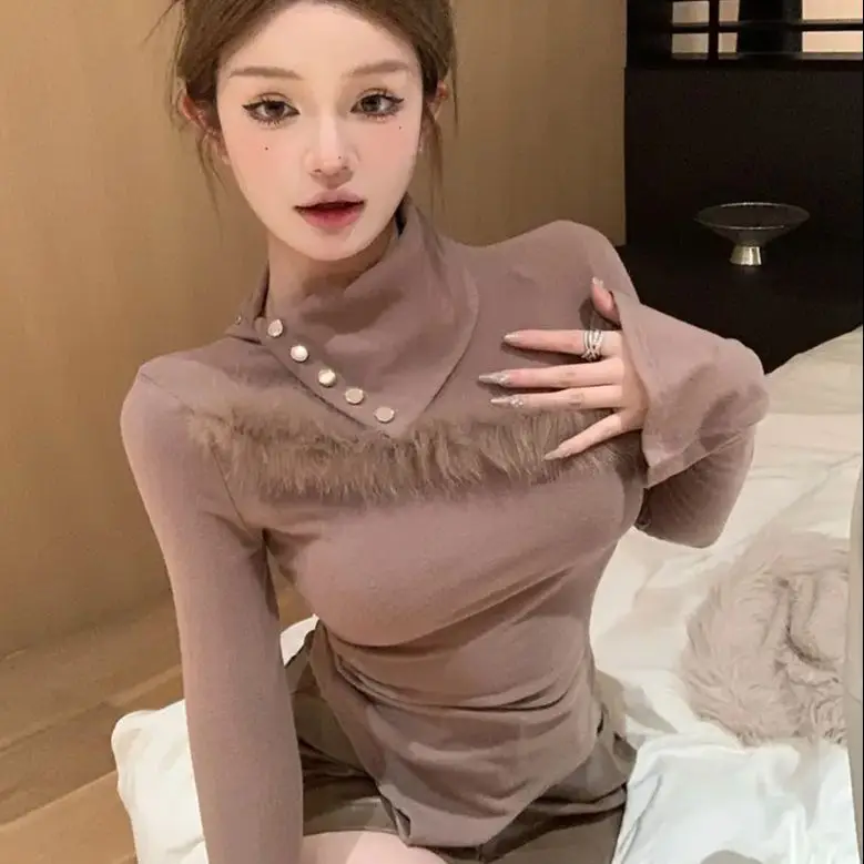 New Long-Sleeved T-Shirt Autumn Winter With Fashionable Stitching High Collar Women Fashionable Irregular Pullover Top