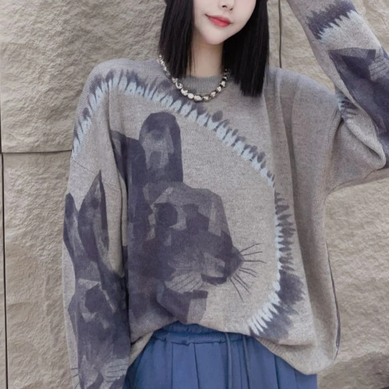 Women Trendy Vintage Cartoon Jacquard Streetwear Chic Knitted Sweater Simple Casual O Neck Long Sleeve Pullover Tops Y2K Jumpers