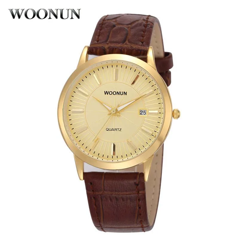 2022 Fashion Casual Business Watch Men Gold Watches Brown Leather Band Auto Date Quartz Wristwatches Ultra Thin Mens Watches