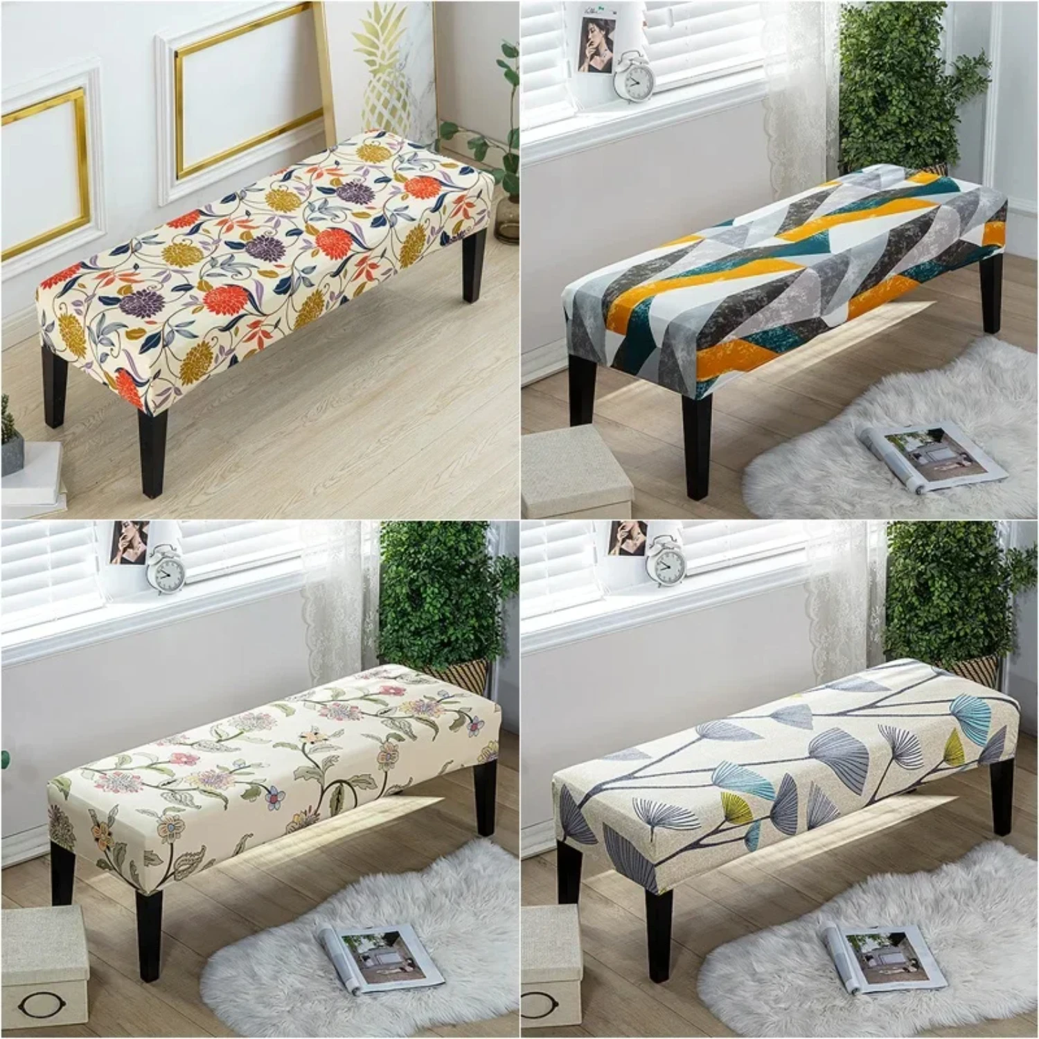 Stretch Spandex Geometric Bench Cover for Long Ottoman, Solid Color Changing Shoes, Piano Stool, and Chair Slipcover Decoration