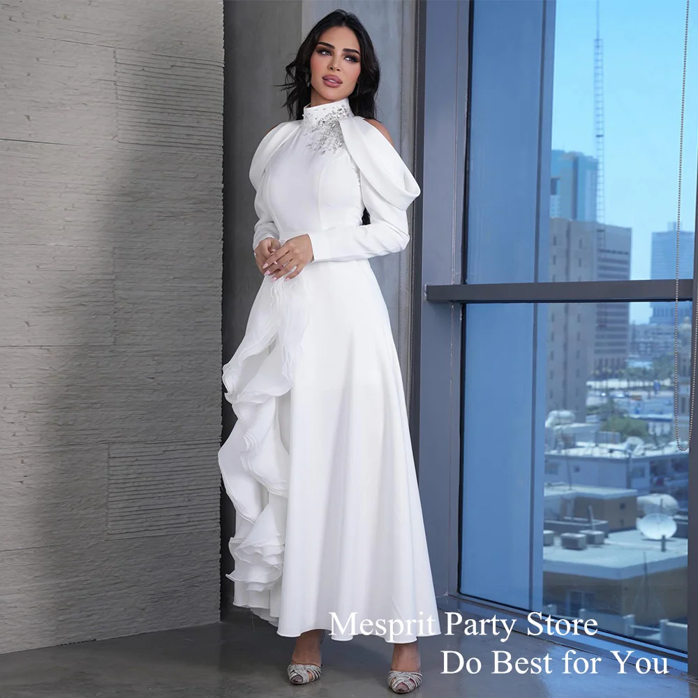 Mesprit White Evening Dress for Woman High Neck Long Sleeves Stones Ruffles Slit Ankle Length Saudi Arab Prom Dresses