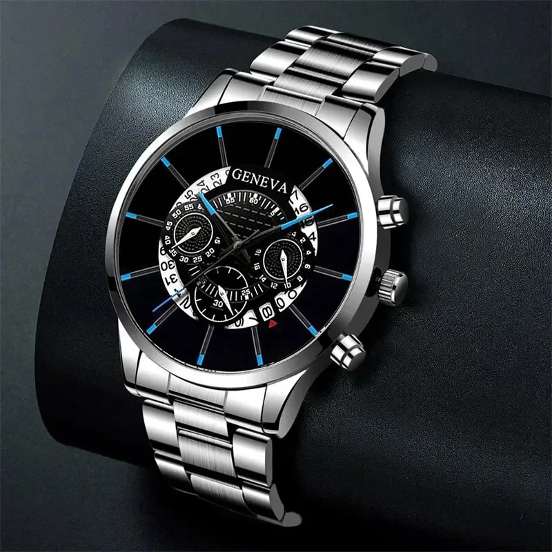 2 ชิ้น Luxury Mens Silver ควอตซ์นาฬิกาสร้อยข้อมือสแตนเลสผู้ชายแฟชั่นธุรกิจ Casual นาฬิกานาฬิกาส่องสว่าง