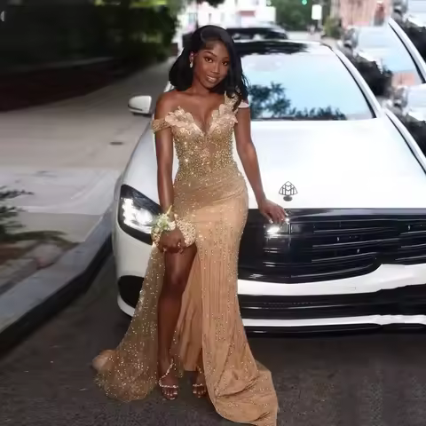 Exquisite Gold Mermaid Prom Dress off Shoulder Sleeveless Evening Dress with Side Slit Crystal Bead Cocktail Dress Customized