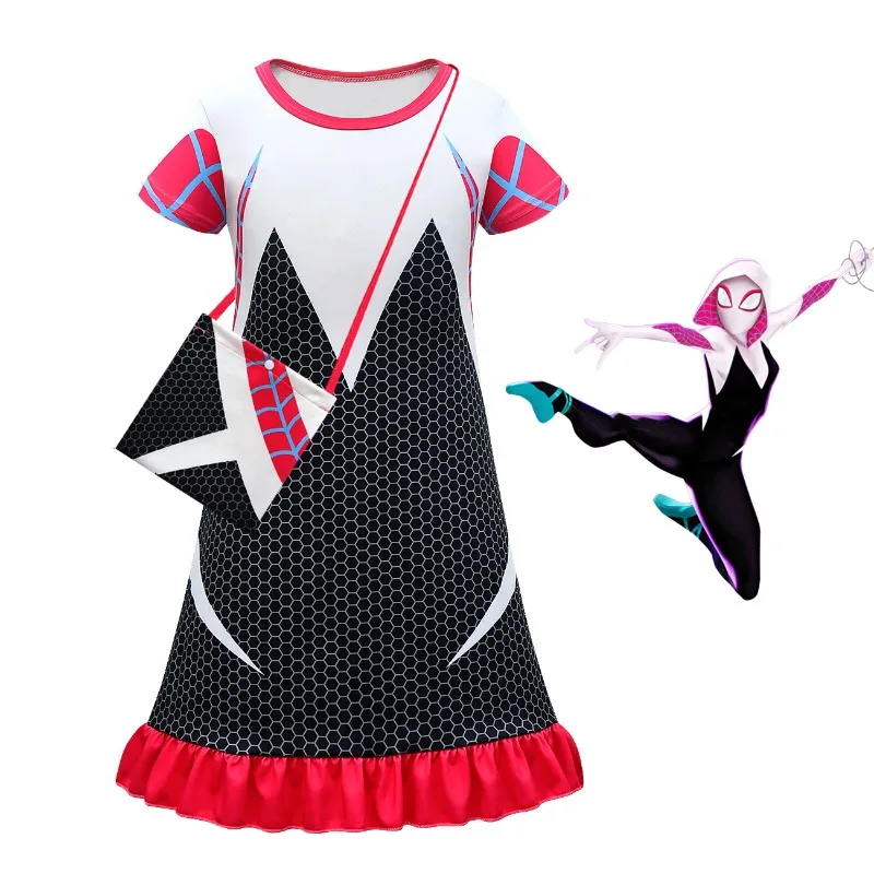 Summer New Girls Home Night Dress Children Cosplay Party Costumes Cartoon Spider Gwen Ruffled Dress Kids Clothes