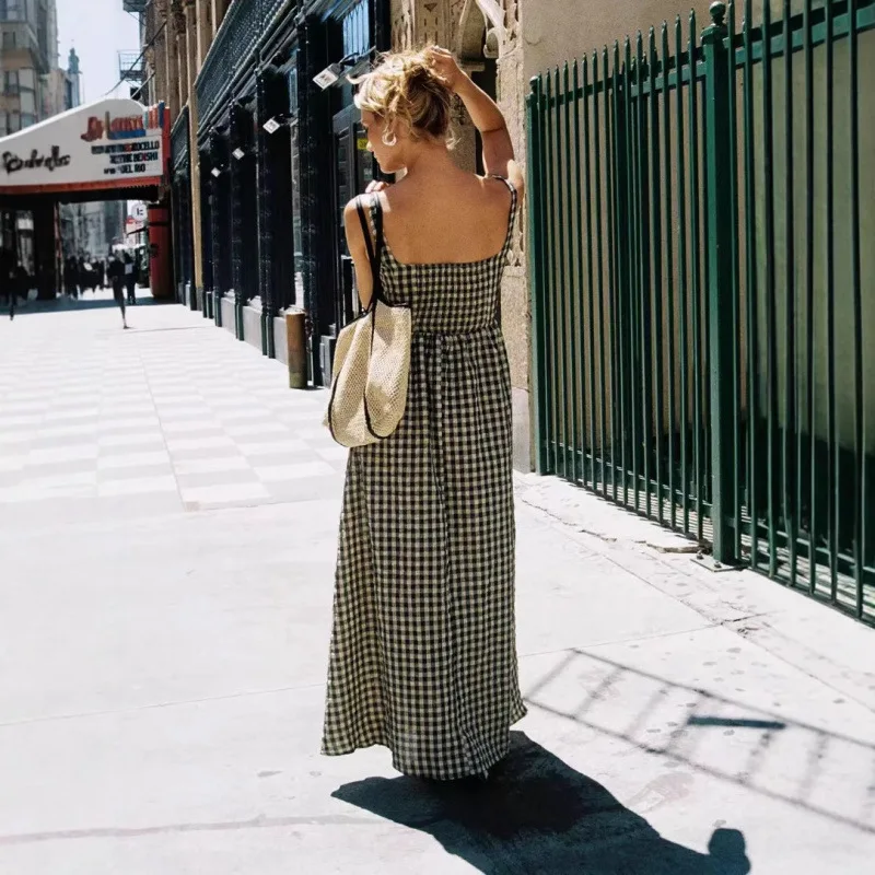 

Princ Polly Plaid Print Pure Cotton Straight Collar Waist Cinched Dr High Waist A-Line Long Skirt without Sve Bal