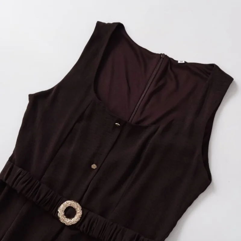 Abito da donna con scollo quadrato e cintura - Abito midi estivo a trapezio senza maniche per feste casual