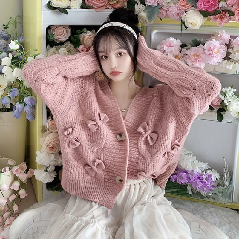 

Женский вязаный кардиган на весну и осень, женский свитер в Корейском стиле с милым розовым бантом, пальто, новинка 2023, Короткая свободная куртка