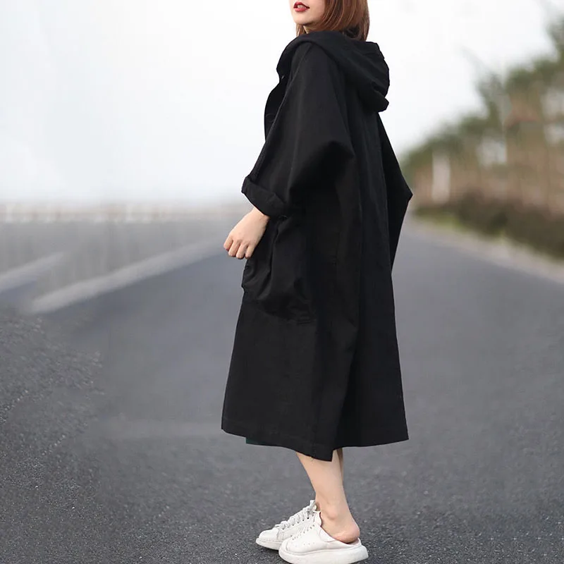 Hooded Trench Coat Women\'s Autumn Loose Pocket Minimalism Comfortable Long Coat Casual Harajuku Solid Color Street Fashion