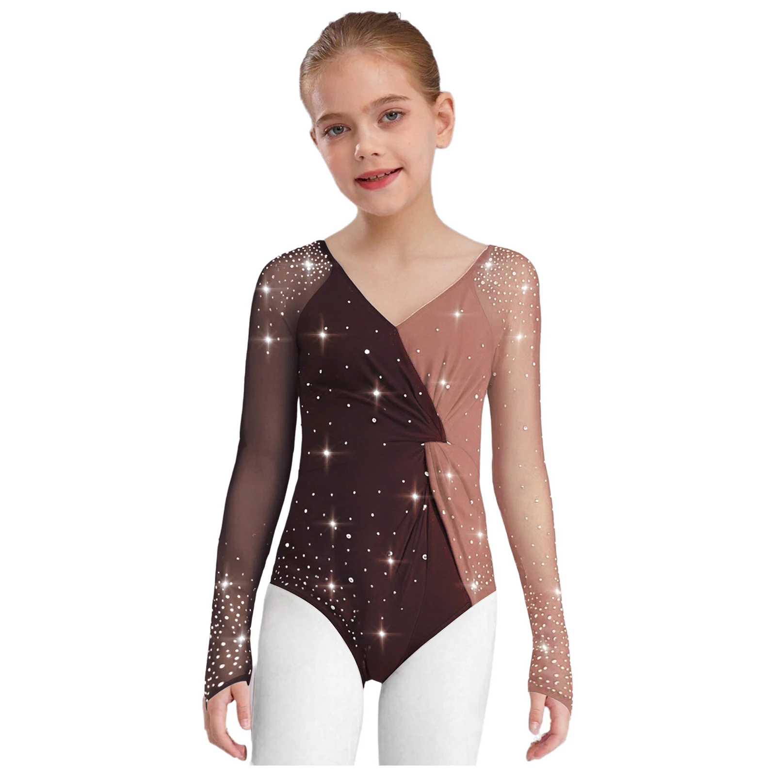 

Kids Girls Lyrical Ballet Dance Sequins Leotard Rhinestones Stretchy Patchwork Bodysuit for Ballet Warm-up Performance Bodysuits