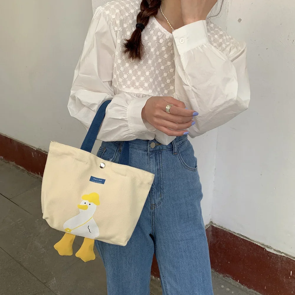 Bolso de mano delicado que combina con todo para mujer, bolsas de pato amarillo, compras de lona casuales con bolsa de almuerzo Simple, dulces para