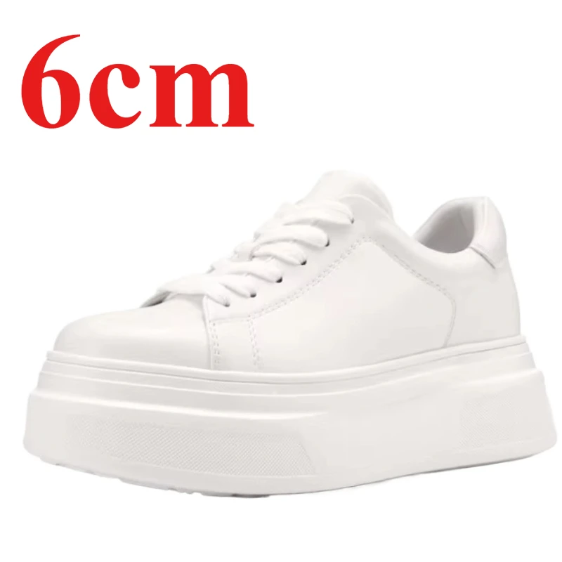 

Повседневная спортивная обувь из натуральной кожи на толстой платформе для женщин, увеличенные 6 см кружевные шнурки, универсальные кроссовки, белые туфли для доски