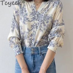 Tcyeek 100% Real Silk Shirts for Women Clothing 2024 Spring Summer Long Sleeve Top V-Neck Women's Elegant Shirts Camisa Mujer