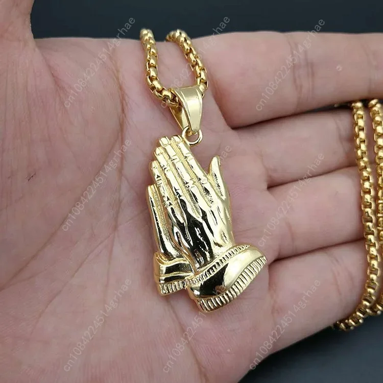 สร้อยคอจี้สแตนเลสสตีลรูปมืออธิษฐานประดับเพชรแบบฮิปฮอป สีทอง สร้อยคอพระเยซูขนาดใหญ่