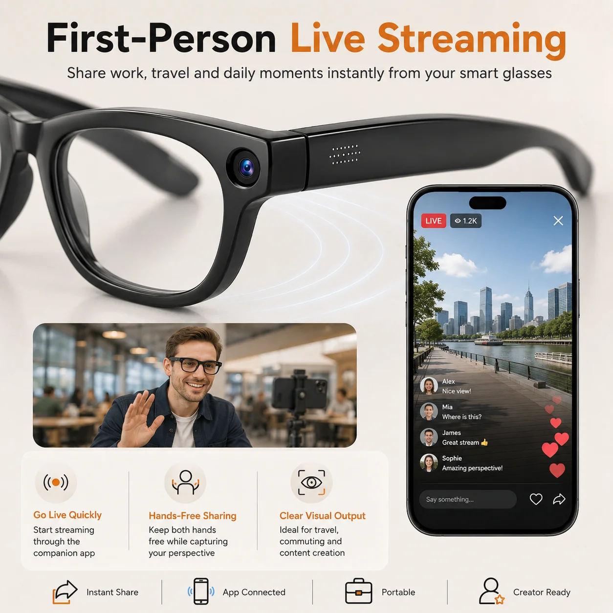 New AI Smart Glasses 13MP Hands-Free Camera Live Streaming Real-Time Translation Meeting Assistant Open-Ear Audio for Daily Use