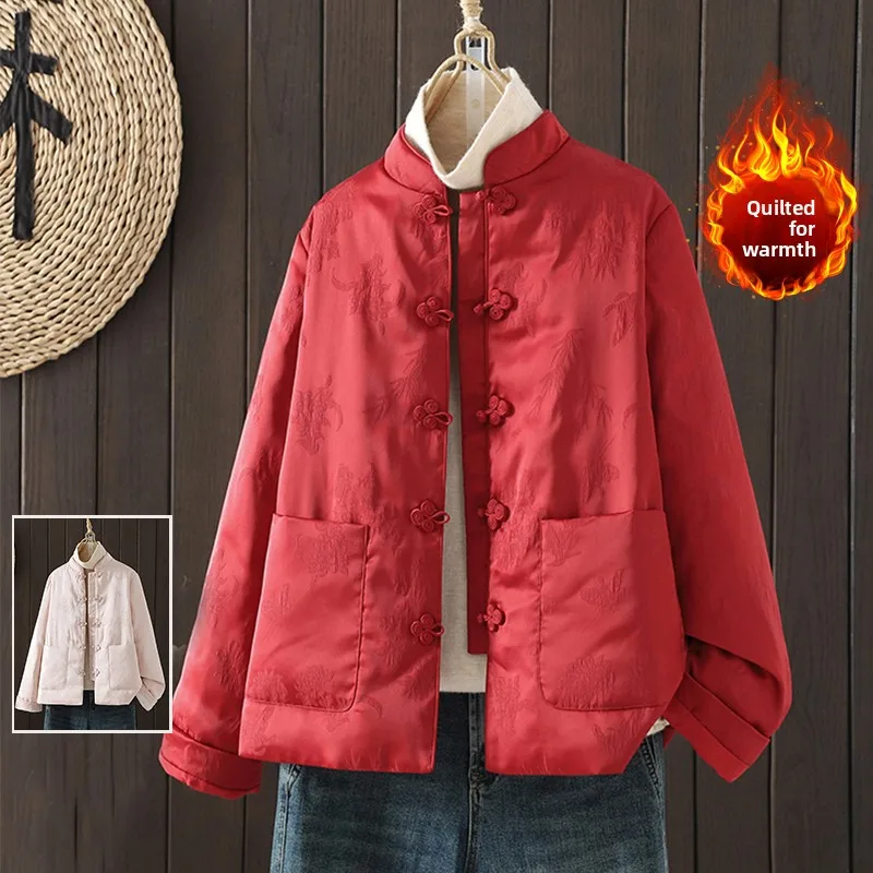 

Красное атласное хлопковое платье с вышивкой, зимняя женская верхняя одежда с воротником-стойкой, китайская новогодняя модная одежда для поездок на работу