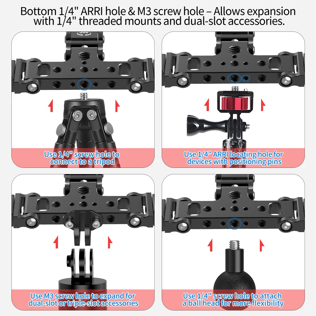 Dreifach-Montageadapter aus Aluminiumlegierung mit 1/4 3/8 ARRI-Gewinde 180 ° -360 ° Neigbarer Halter für Kamera, Handy, Stativ, Kugelköpfe und Mikrofon – Detail 8