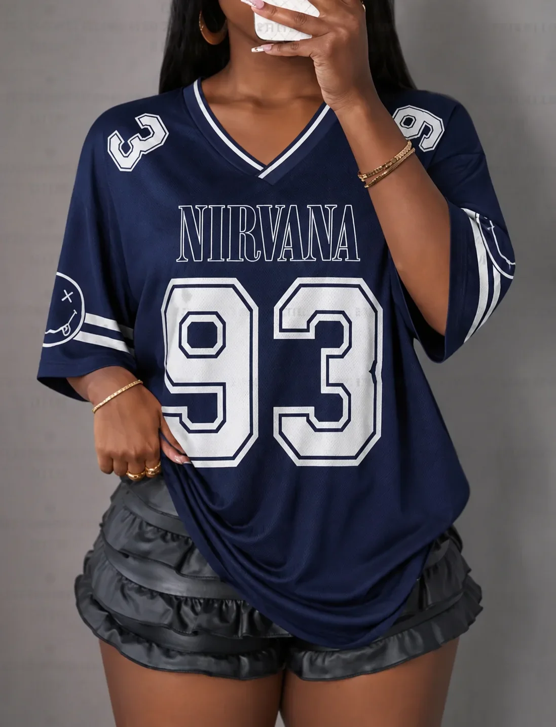 Women Oversized Nirvana 93 Smiley Face Football Jersey V Neck Mesh Short Sleeve T Shirt Y2K Rock Band Streetwear Loose Sport Tee