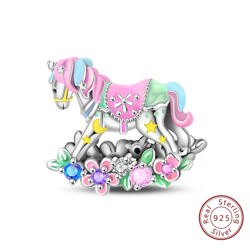 Cuentas de abalorios originales de Plata de Ley 925, colgante de caballo de Troya con carrusel oscilante de arcoíris para mujer, joyería para accesorios de pulsera