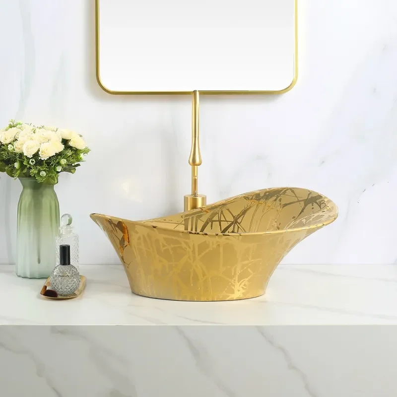 Luxury Gold Electroplated Ceramic Wash Basin Ingot Shape Tabletop Sink Modern Bathroom Vanity Bowl Ink Sprinkle Design Home