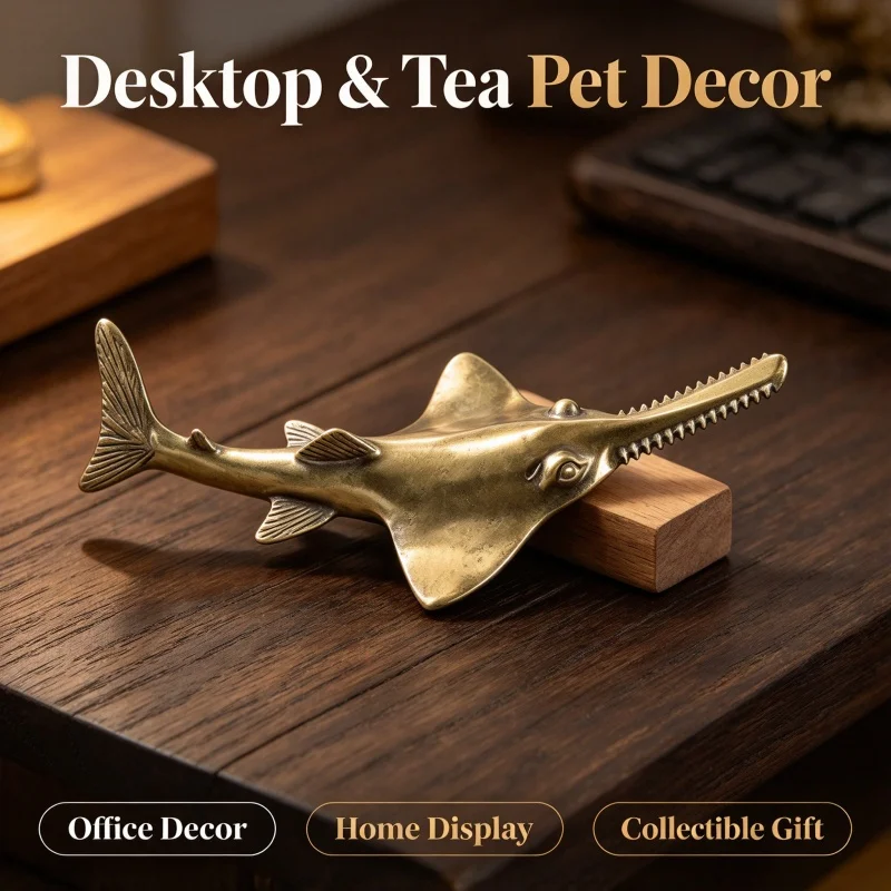 Brass Pristis Sawfish Statue Vintage Sea Animal Figurine Desktop Ornament Handicraft Tea Pet Home Office Decoration Gift