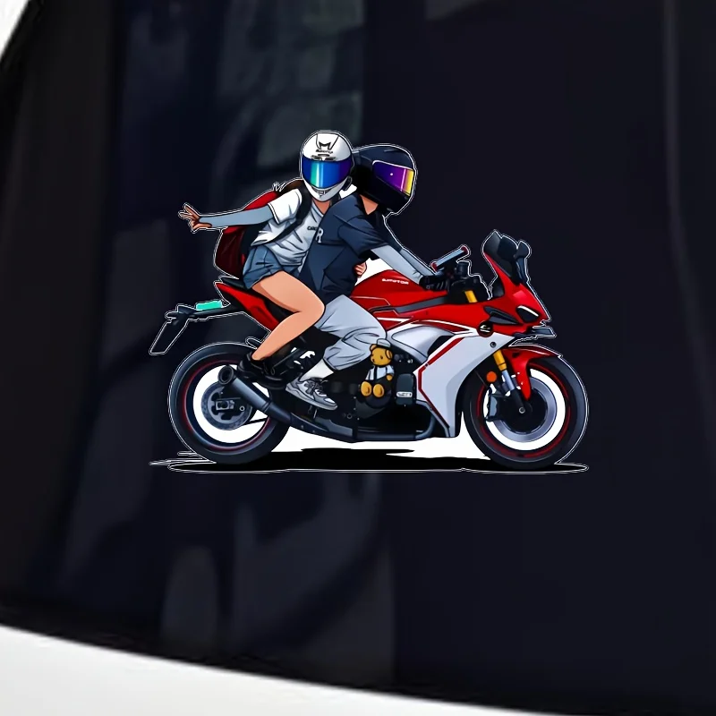 Cartoon Motorcycle Couple Waterproof Vinyl Sticker, Decal for Car Motorcycle Helmet Decor