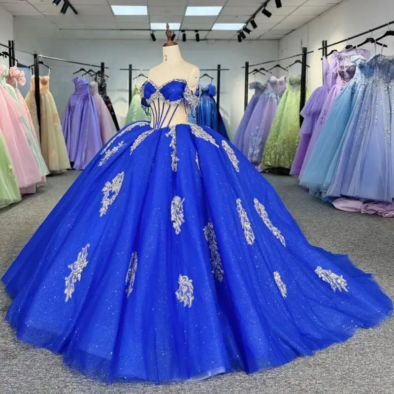 

Customized Shiny Royal Blue Trendy Ball Gowns Quinceanera Dresses Off the Shouder Appliques Tulle Vestidos De 15 Anos