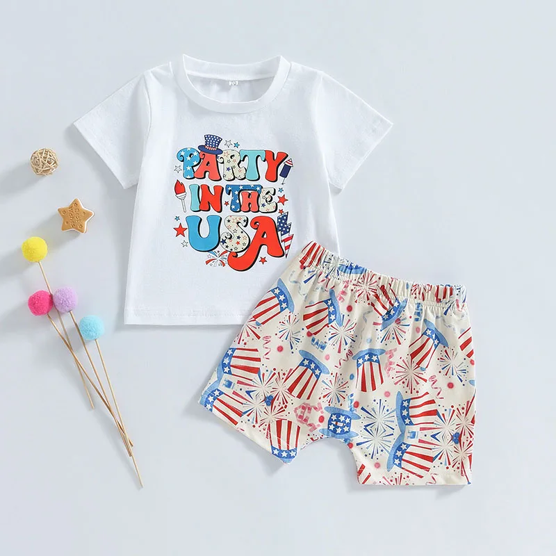 

Fourth of July Infant Boys Outfit American Flag Print Romper Independence Day Stars and Stripes Hat Fireworks Shorts Set 2