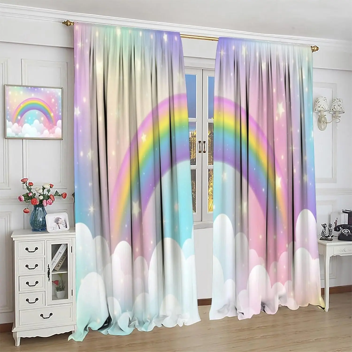Fantasy Rainbow Curtains, Colorful Cloudy Pink Sky Rainbow Window Treatments, Rod Pocket Thermal Insulated Drapes 2 Panel Sets