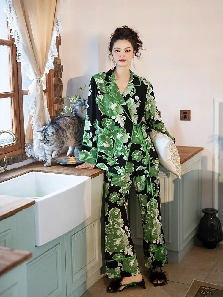 

Ice Silk Long-sleeved Women's Pajamas Set Spring and Autumn Elegant Colour Blocking Kimono Straps Two-piece Sleepwear Homewear