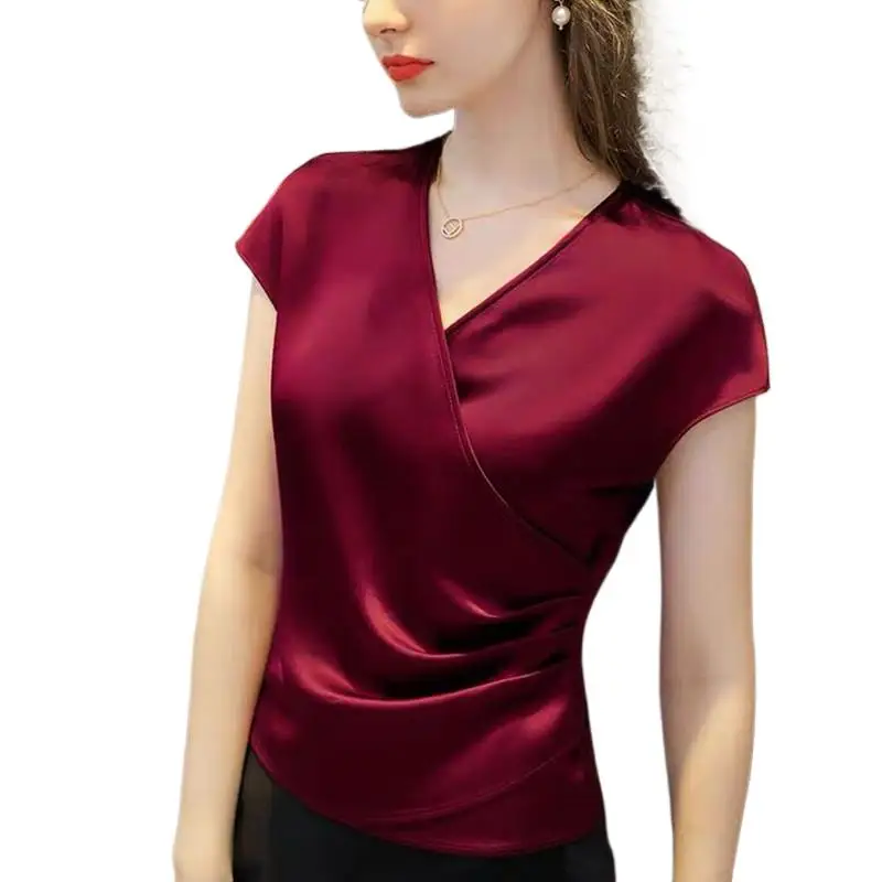 Fashion Elegant Office Lady Chiffon Shirts Sexy V-hals Acetaat Satijn Blouses Femme Blusas Wit Rood Zwart Groen Satijn Tops