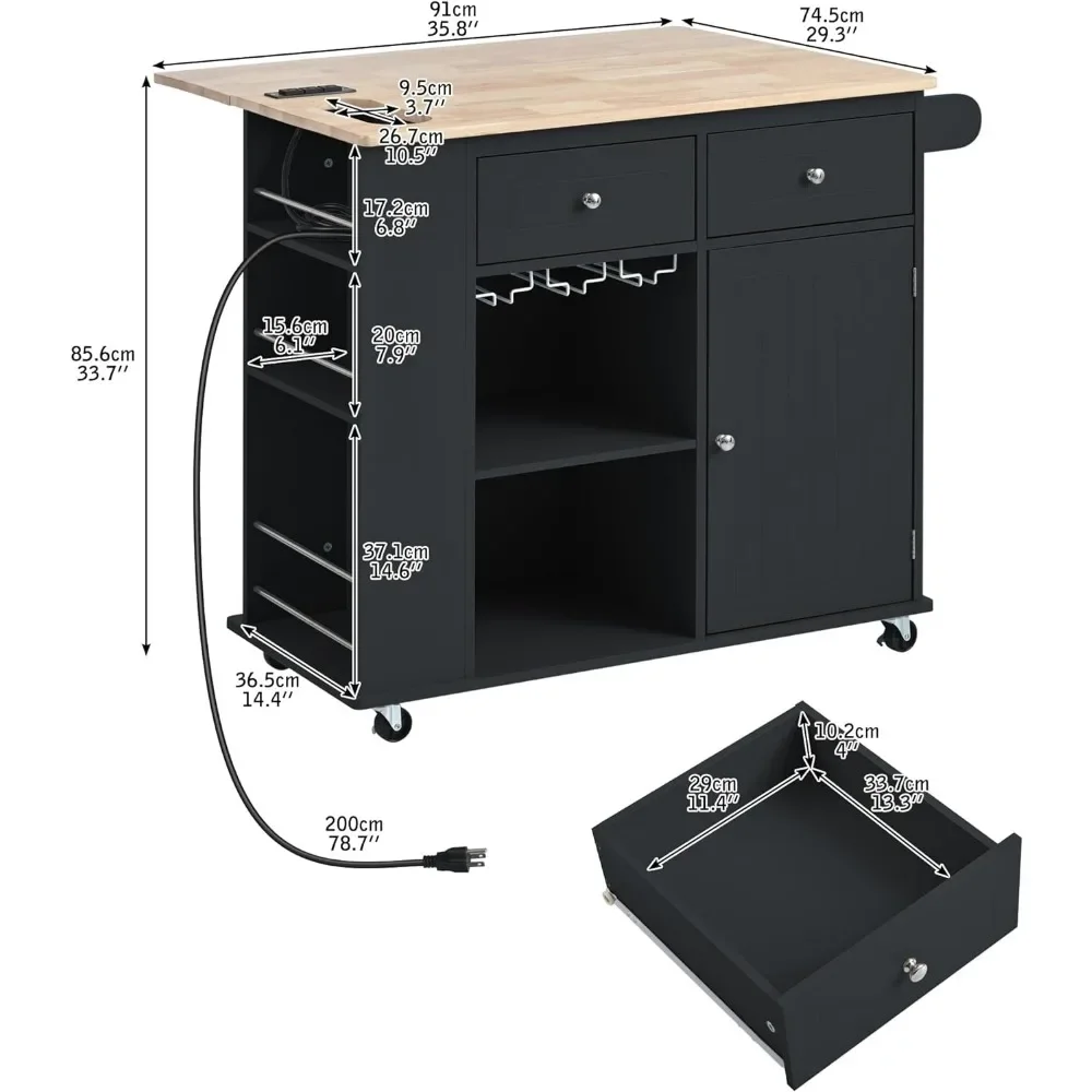Kitchen Island, Kitchen Carts on Wheels with Storage Drop Leaf Power Outlet Drawer Cabinet Counter Rubberwood Top image 3