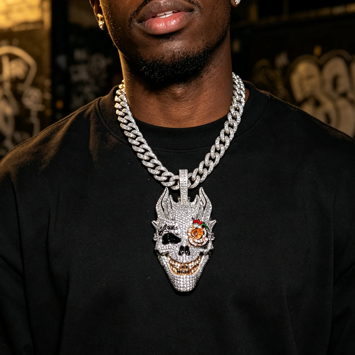 Bling Statement Charm Necklace Men Streetwear Rap Culture Cuban Chain Accessory Gothic Skeleton Demon Face Ornament Fine Jewelry Gifts for Boy Friends Iced Out Full Cubic Zirconia Devil Skull Mask Design Rose Flower Eye 18K Gold Plated Hip Hop Pendant