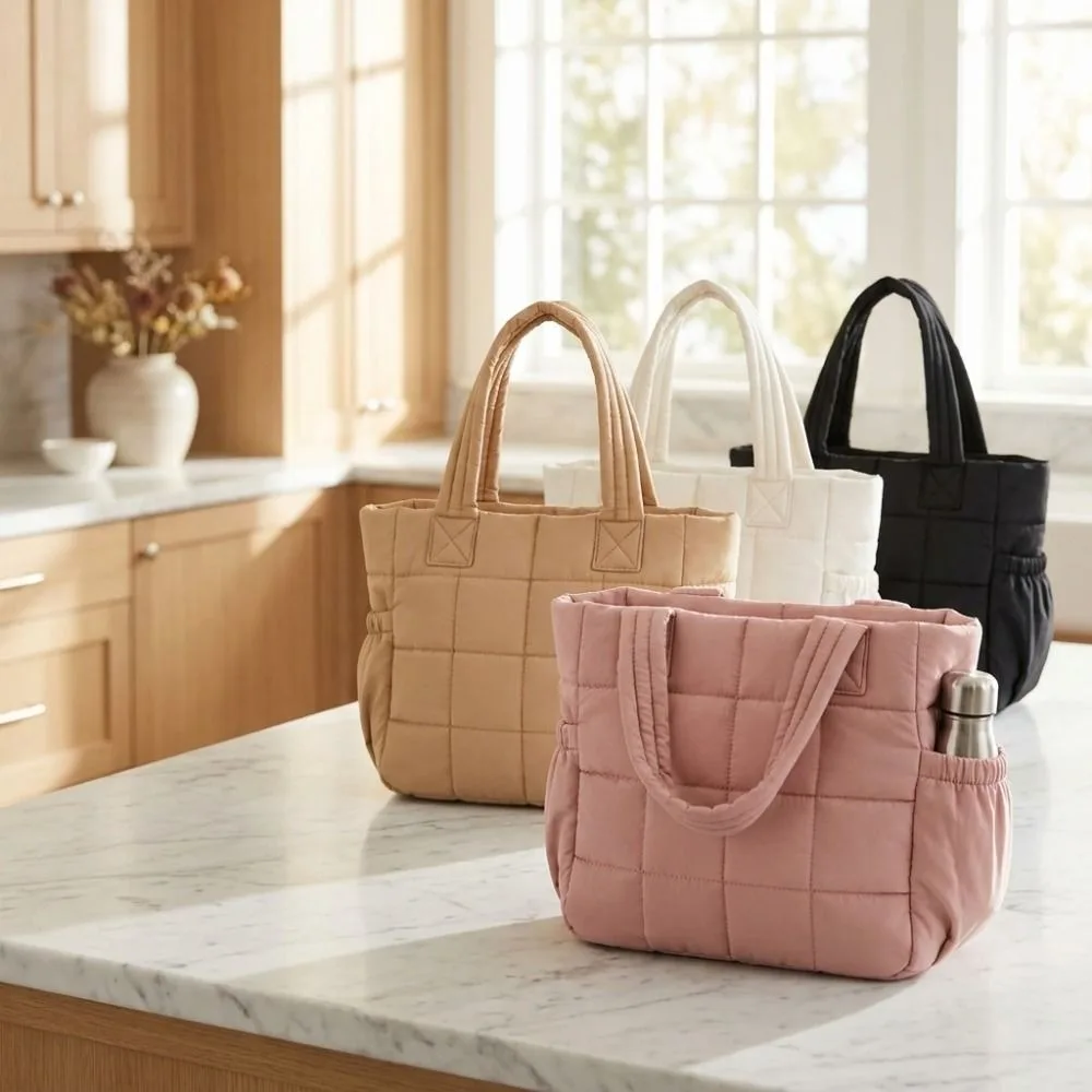 Solid Color Quilted Lunch Bag Thickened Waterproof Insulated Handbag with Bottle Pocket Durable Insulated Lunch Tote