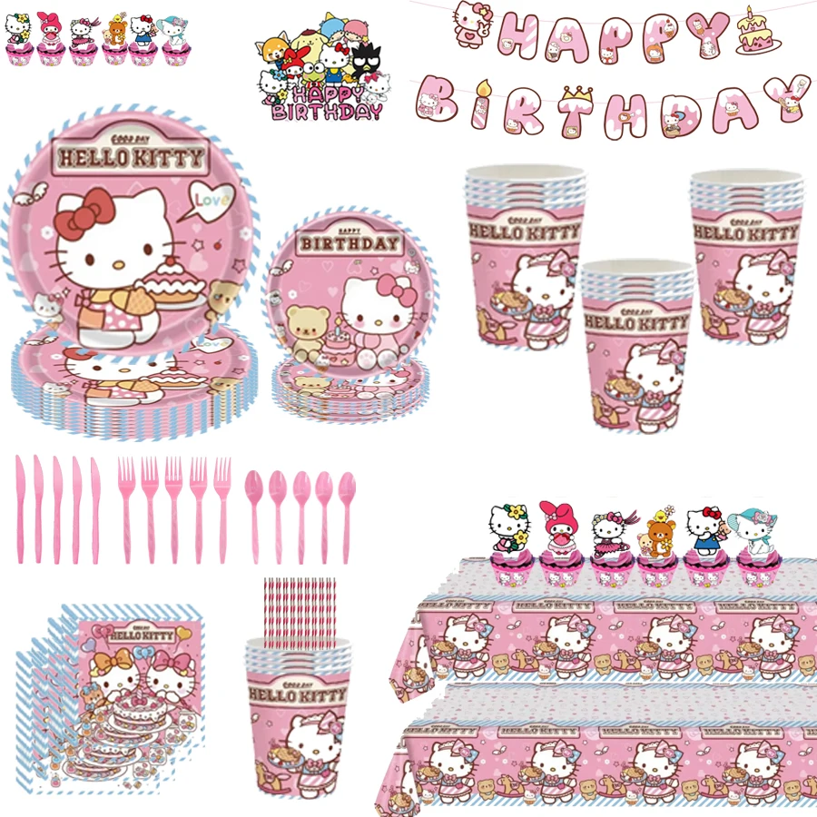 

HelloKitty мультфильм вечерние украшения, набор посуды, бумажные стаканчики, тарелки, баннер, детское платье на день рождения, рождественские чулок, наполнители