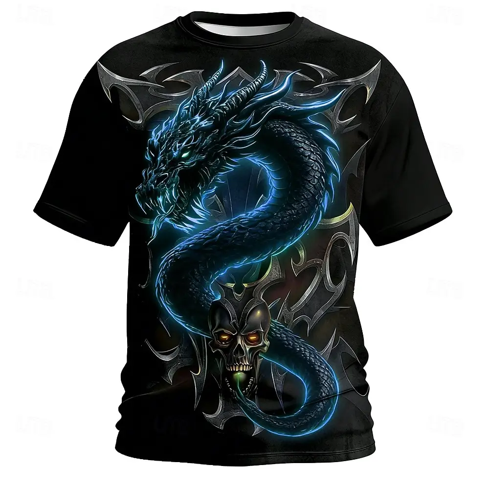 Halloween Men's Glowing Dragon Skull Tribal Fantasy Gothic Rock Edgy T Shirt All Over Print Short Sleeve Crew Neck Regular