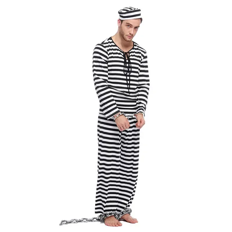 Halloween Prisoner Costume Cosplay Performance Clothing Masquerade Prisoner Disguise Costume Black White Stripe Jailbird Set