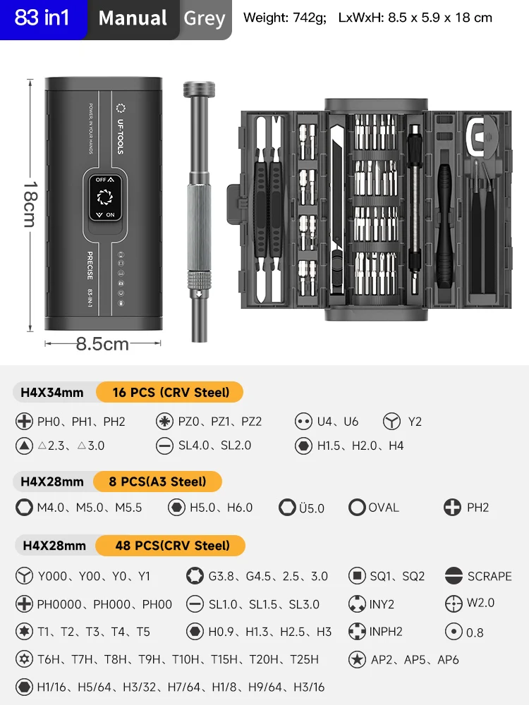 83-delige precisie elektrische schroevendraaierset, draadloos, USB-oplaadbaar, 4-traps koppelinstelbaar, reparatieset met LED-displaylicht
