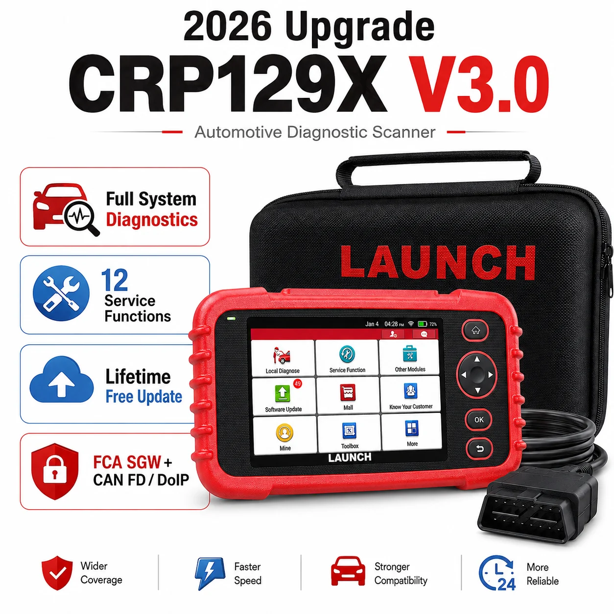 LAUNCH CRP129X V3.0 Auto Diagnostic Scanner, 4 Systems Code Reader, 12 Reset Services, AutoVIN, Lifetime Free WiFi Update