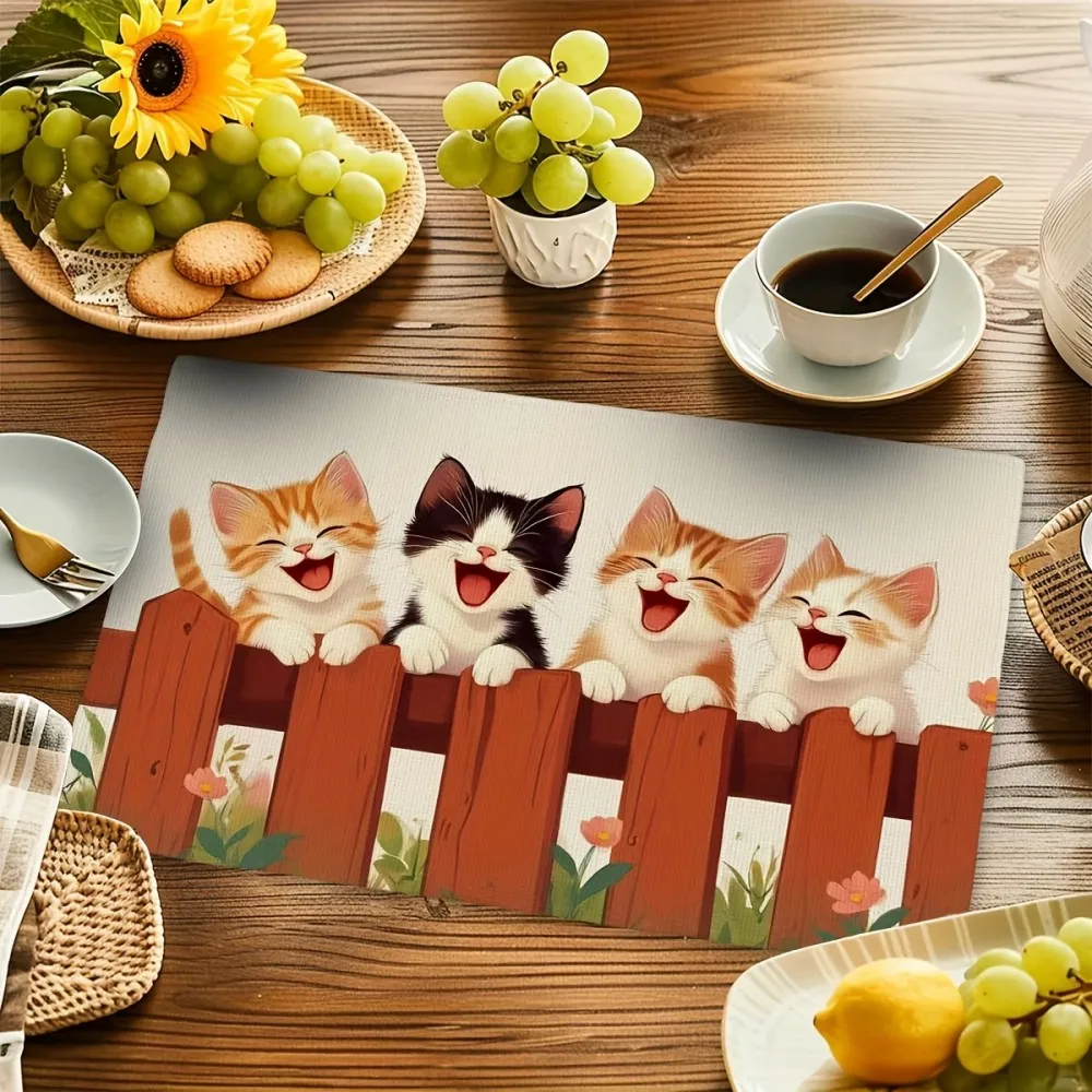 VIKAMA 4-Piece Adorable Cat & Happy Fence Placemat Set Retro Seasonal Design Perfect for Indoor/Outdoor Parties & Kitchen Use