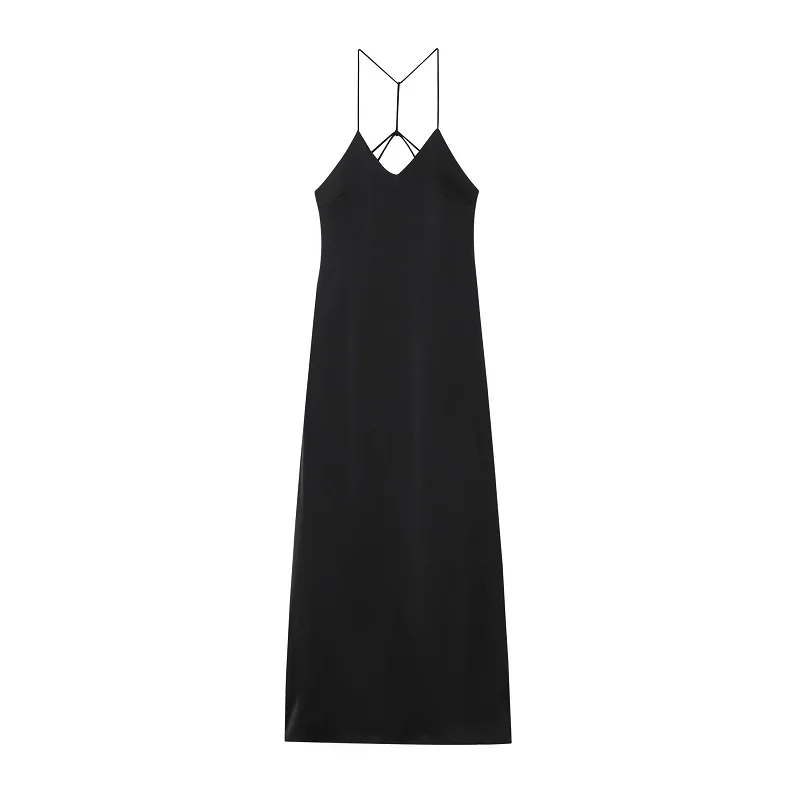 MUJER Black Slip Midi Dress Woman Satin Backless Long Dresses for Women Sexy Evening Women's Summer Dresses Straps Night Dresses