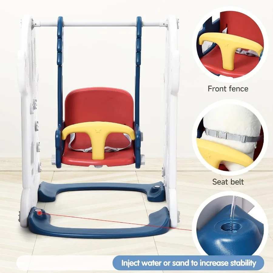 7in1 Indoor Slide en Swing Set Vrijstaande Peuter Slide Climber Speelset voor met Verstelbare Schommel Basketbalring Voetbal Gol