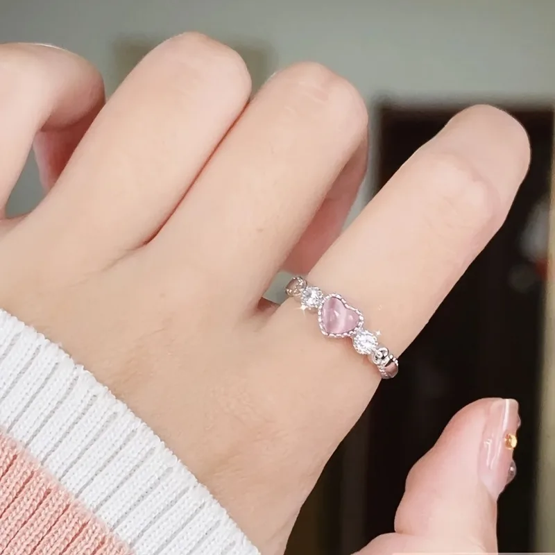1 Fashionable Design Pink Love Ring Niche Open-end Ring Girl's Heart-shaped Adjustable Index Finger First Choice Friends Couples