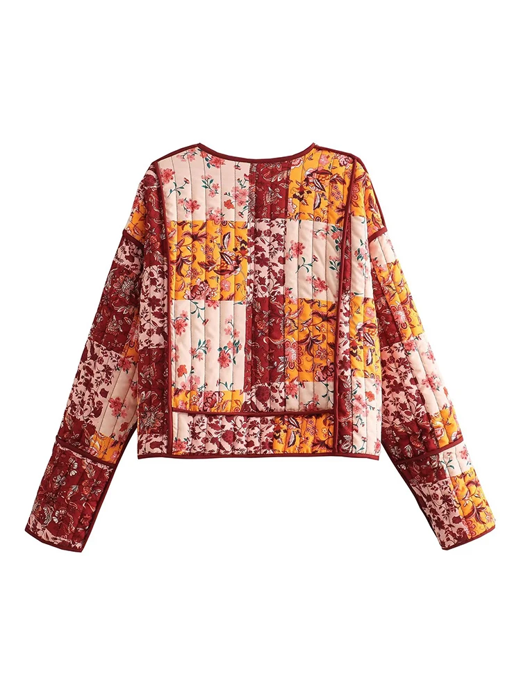 YENKYE New Autumn Women Vintage Floral Patchwork Print Short Quilted Padded Jacket Long Sleeve Pockets Female Chic Cardigan Coat