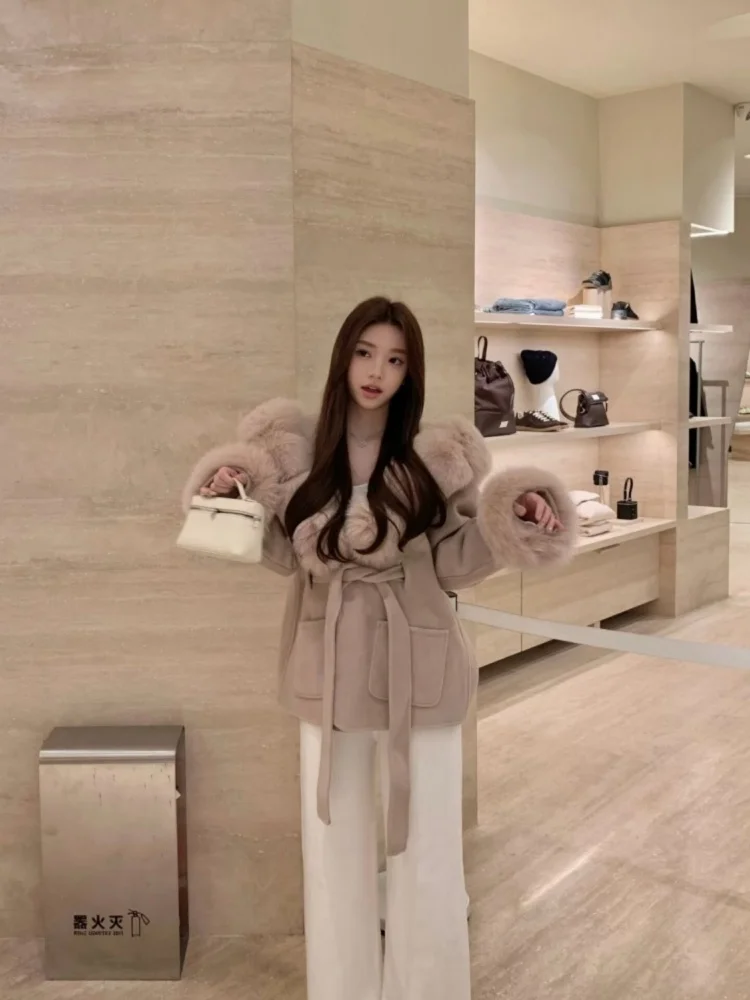 

Ele ort Woolen Coat Women's Autumn Winter Faion Fur Collar Waist Cinched Outerwear Casual Low Waist Design