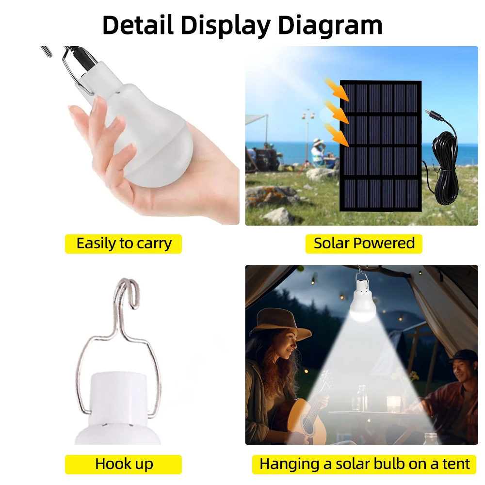 Solar Powered Lamp Remote Control Waterproof USB Charged Hanging Emergency Sunlight Portable Led Bulb Lights for Outdoor Indoor